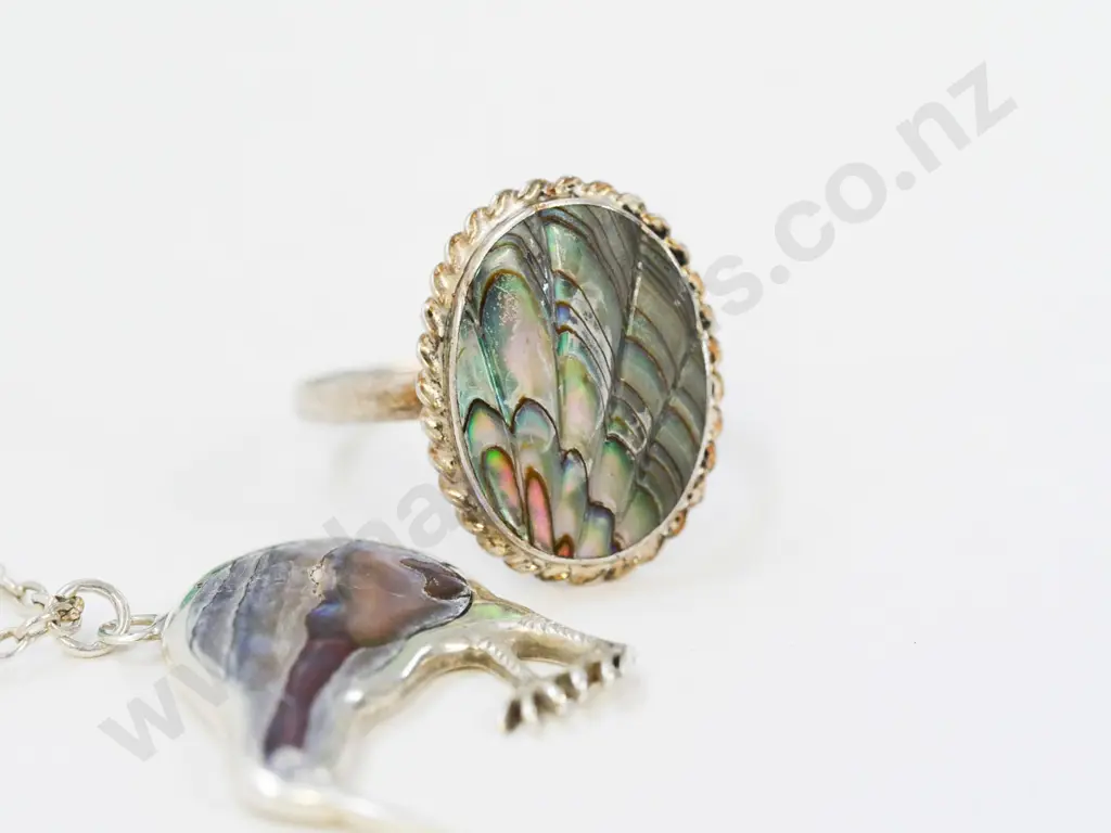 silver paua shell ring stamped stg sil & silver paua shell kiwi pendant stamped sil Image 1++