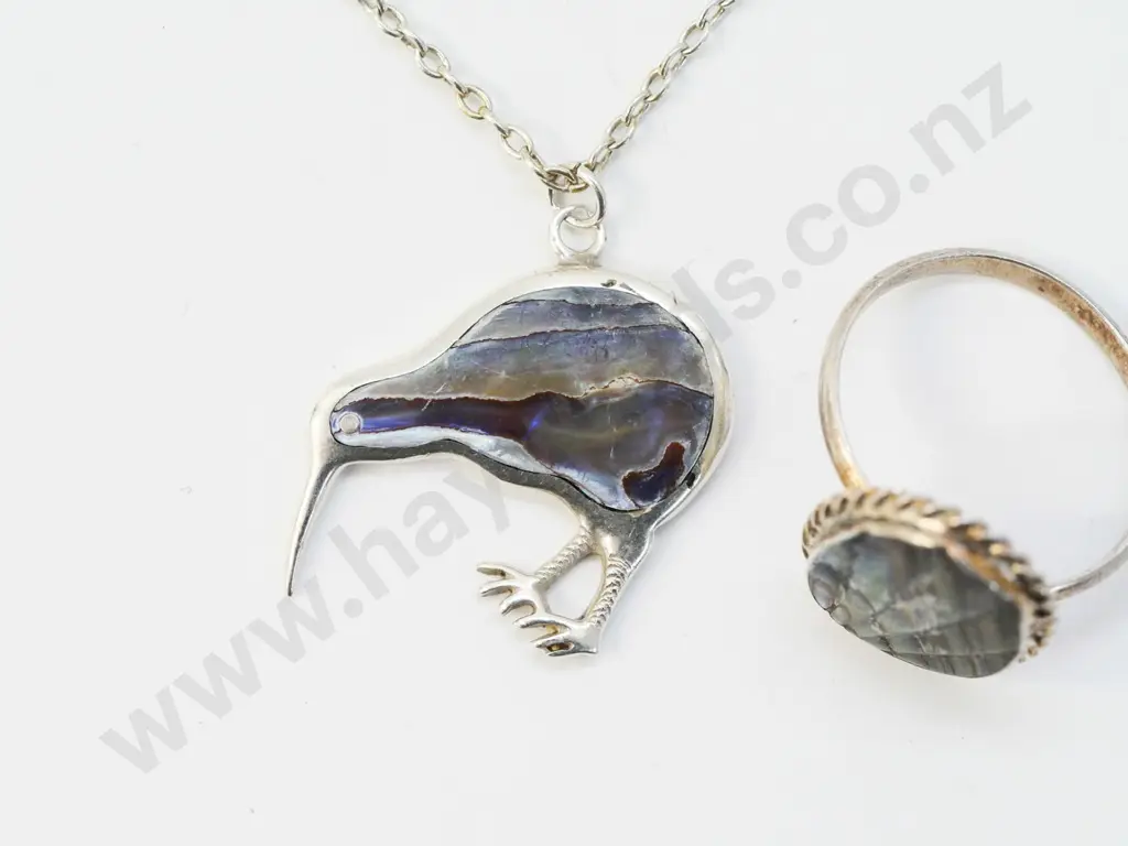 silver paua shell ring stamped stg sil & silver paua shell kiwi pendant stamped sil Image 1++