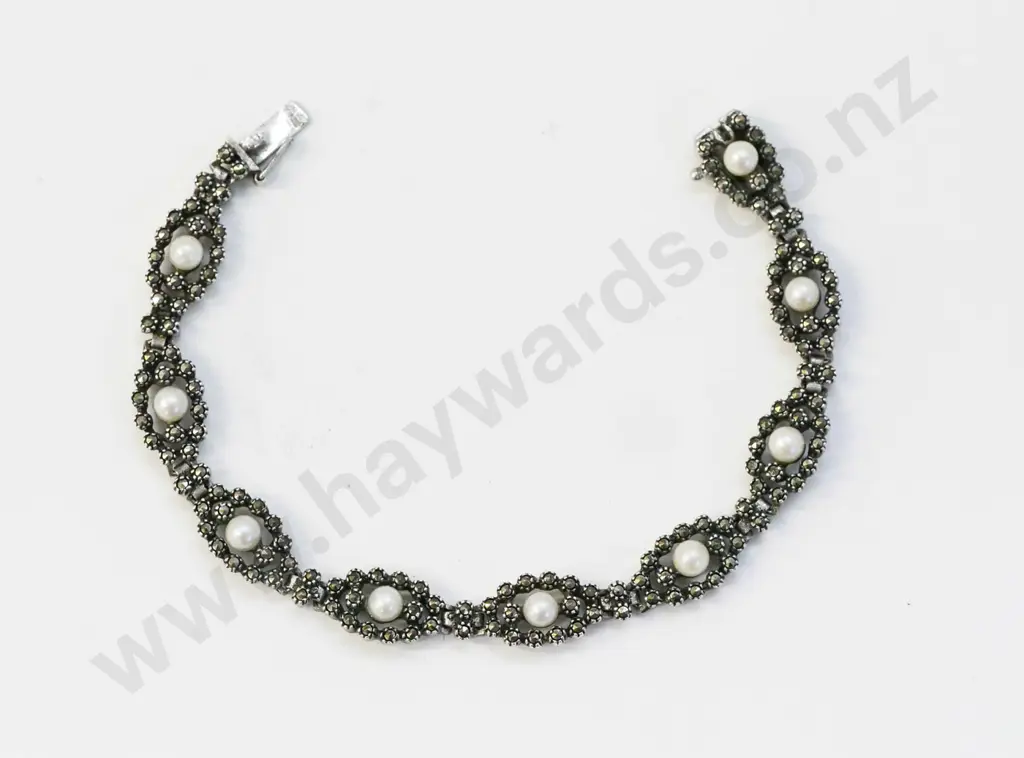 marcasite & pearl bracelet stamped silver 925 Image 1++