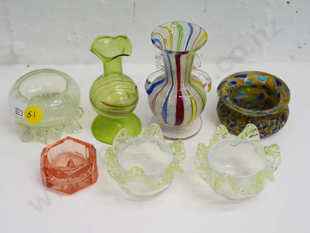 assorted glass items: 3 uranium glass open salts, one w/ chips to rim, mille fiore dish, 2 vases, pink dish Image 1++