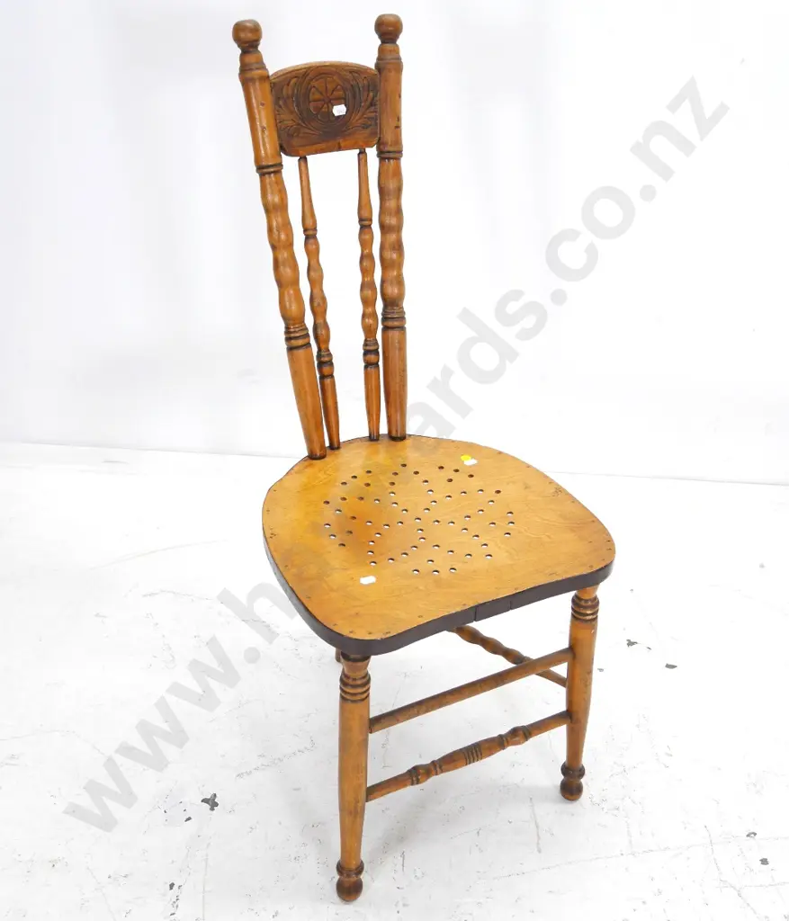 3 legged chair with spindle legs and back, carved top rail, pierced seat H-970 W-400 D-390 Image 1++