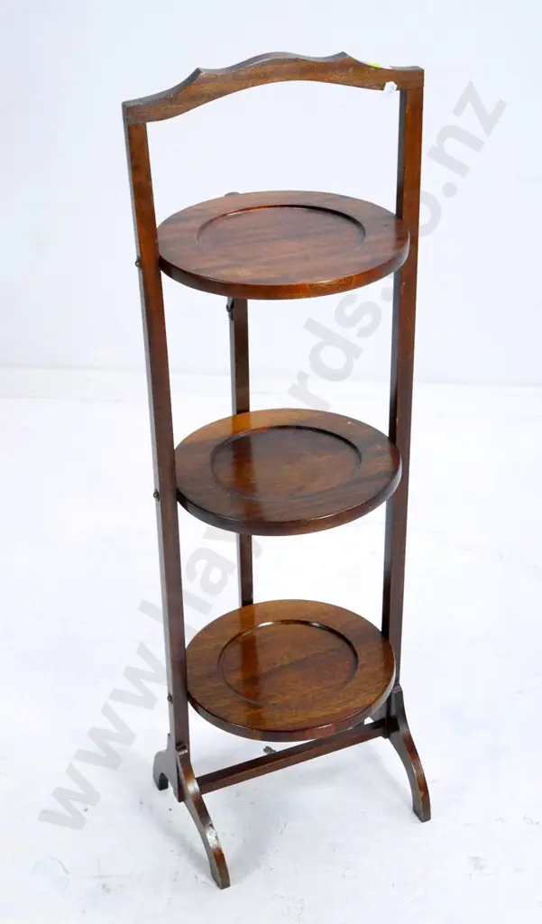 mahogany folding 3-tier cake stand, loose leg needs attention H-910 W-260 Trays D-240 Image 1++