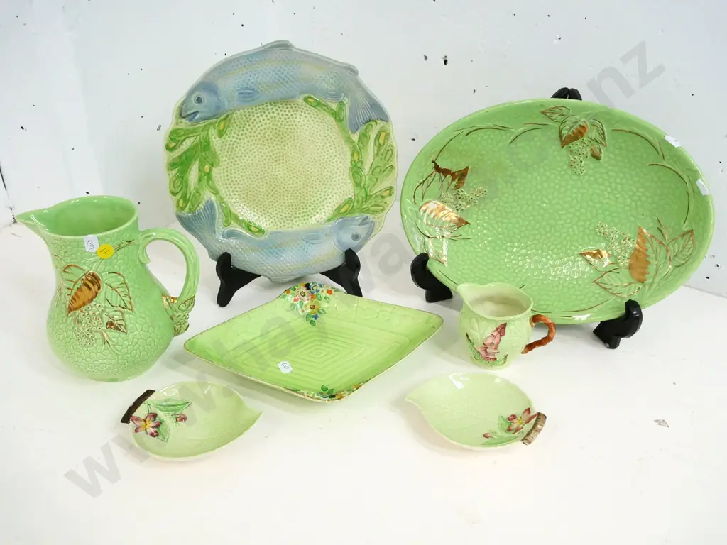 English china green glaze salad ware - Maling Emerald Gold jug & ashett, Melba fish plate, 3 pieces Carlton ware Image 1++