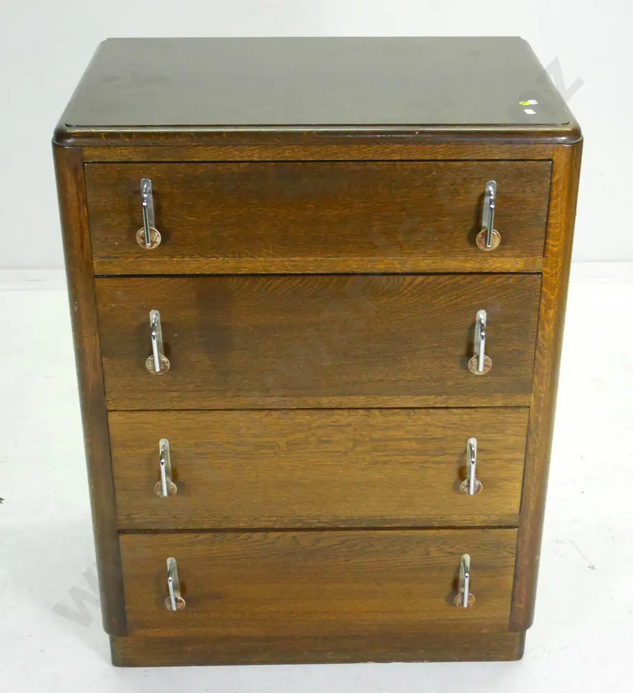 deco oak 4-drawer chest with bakelite and chrome handles, lower drawer needs new stop H-900 W-670 D-430 Image 1++