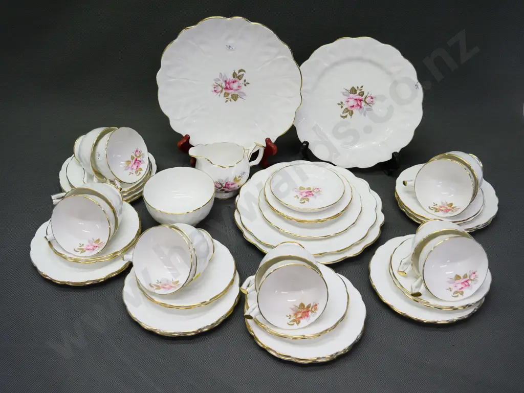 Aynsley Pink Rose 42-piece tea set including 12 trios, and extra saucers, plate, & pin dish Image 1++