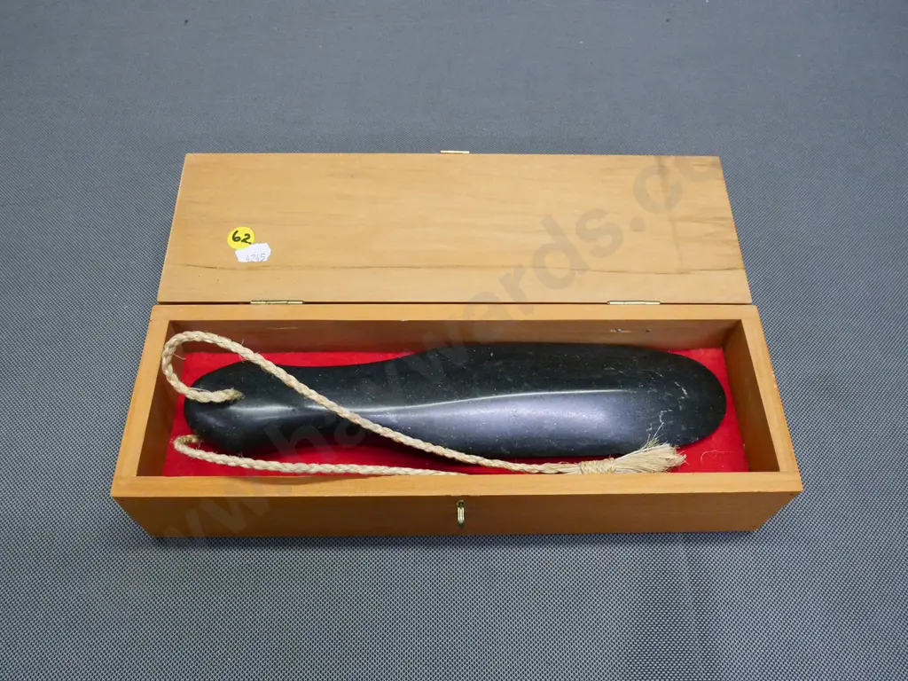 modern carved granite patu with cord in wooden case - patu L-260 Image 1++