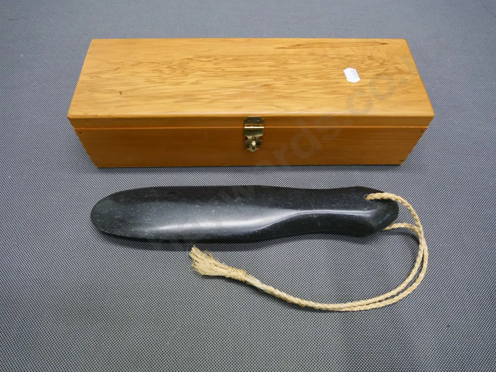 modern carved granite patu with cord in wooden case - patu L-260 Image 1++