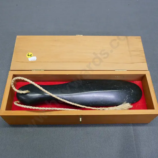modern carved granite patu with cord in wooden case - patu L-260