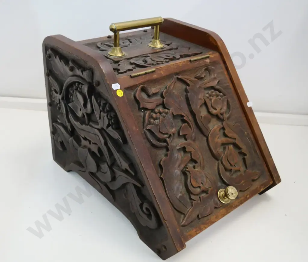 carved wooden coal scuttle with brass handle and knob, no liner. H-420 W-360 D-480 Image 1++