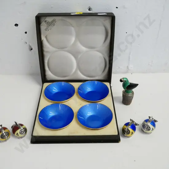 sterling & enamel: cased set of small David Andersen Norway 925 bowls, 2 pairs salt & peppers and a bottle stopper