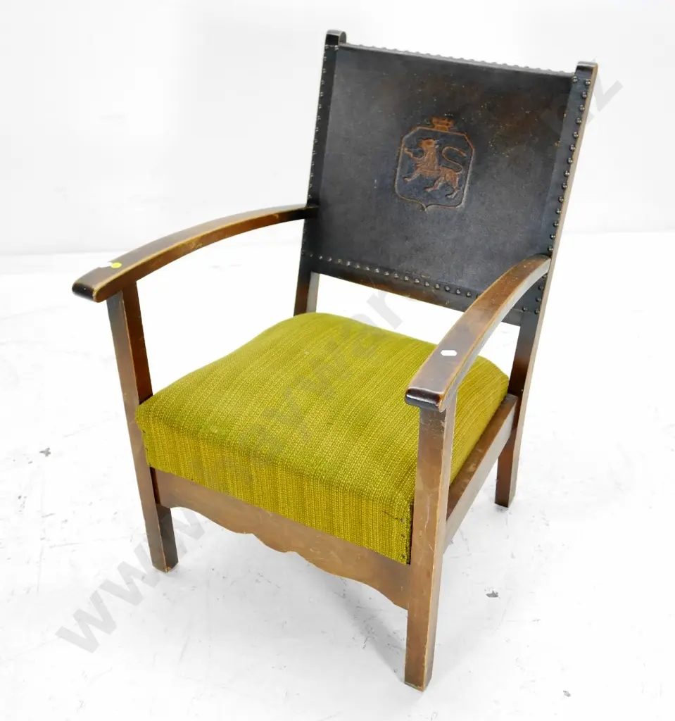 retro occasional chair with wooden arms, pressed leatherette back, upholstered seat, polish needs work H780 W540 D540 Image 1++