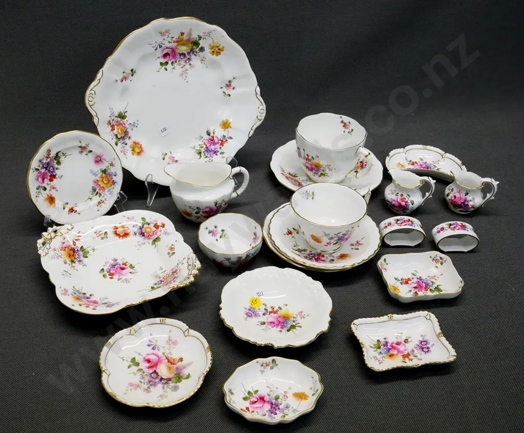 17 pieces of Crown Derby Posies - breakfast cup & saucer, 3 jugs, and various dishes Image 1++