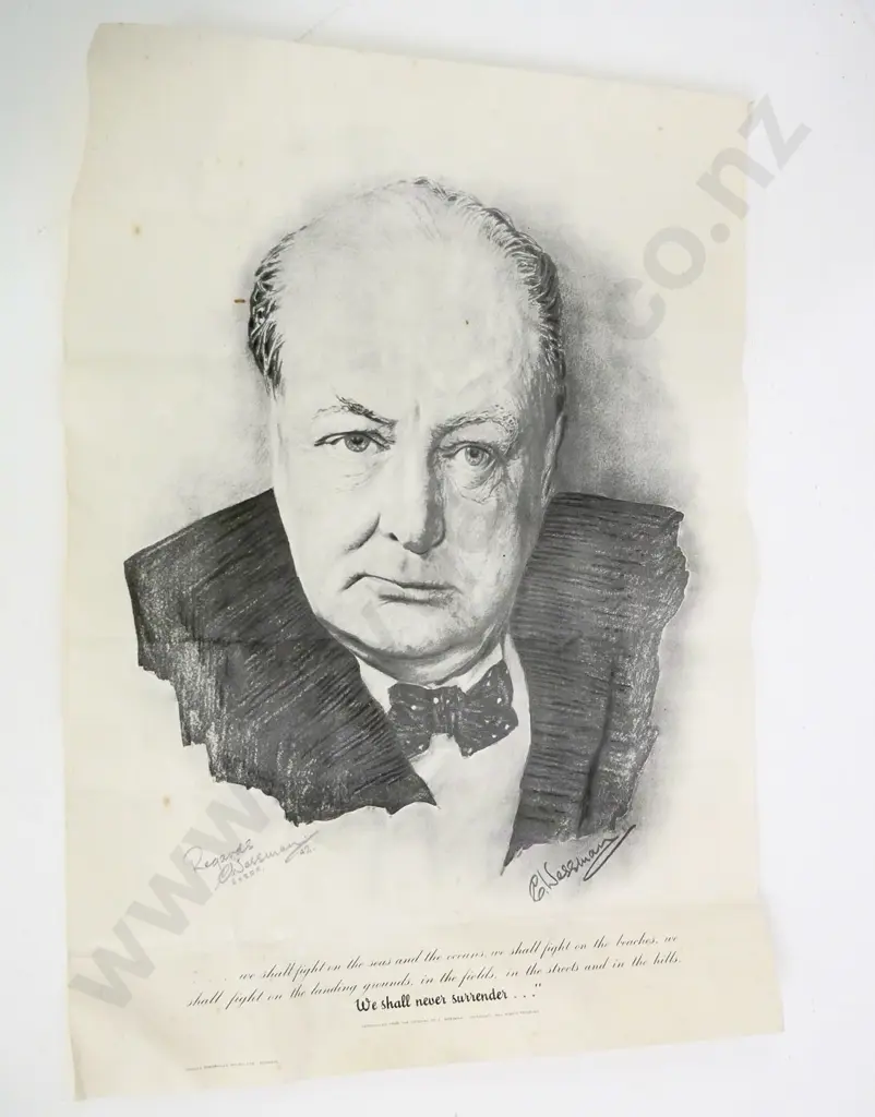 Winston Churchill poster print, signed in pencil by artist C. Wessman 1942 RNZAF H-500 W-380 - crease marks and foxing Image 1++