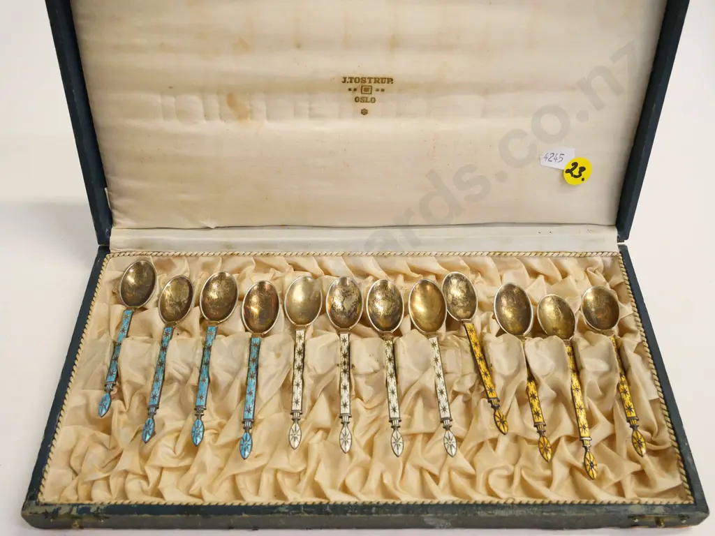 cased set of 12 sterling and enamel coffee spoons - case marked J Tostruv Oslo Image 1++