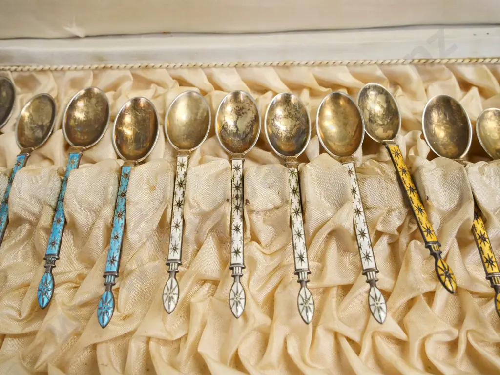 cased set of 12 sterling and enamel coffee spoons - case marked J Tostruv Oslo Image 1++