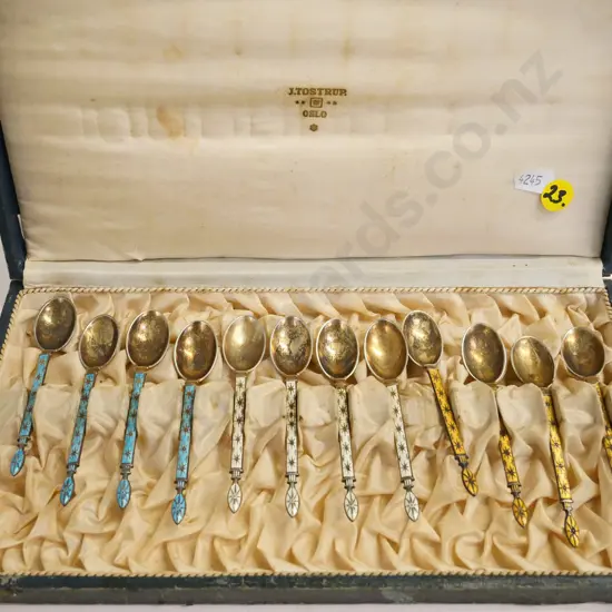 cased set of 12 sterling and enamel coffee spoons - case marked J Tostruv Oslo