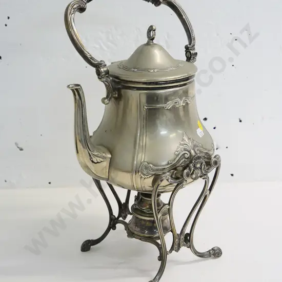 vintage spirit kettle with stand and burner- most silver plating has worn off. H-400 L-200