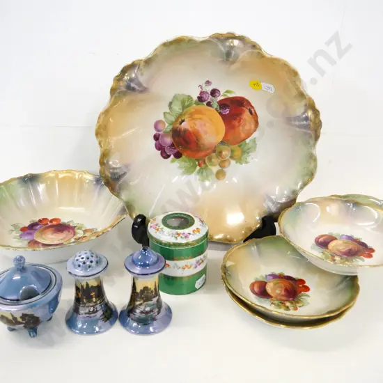 assorted Czech china - fruits pattern fruit set with 2 serving bowls, one plate missing, "The Manor" condiment set, etc.