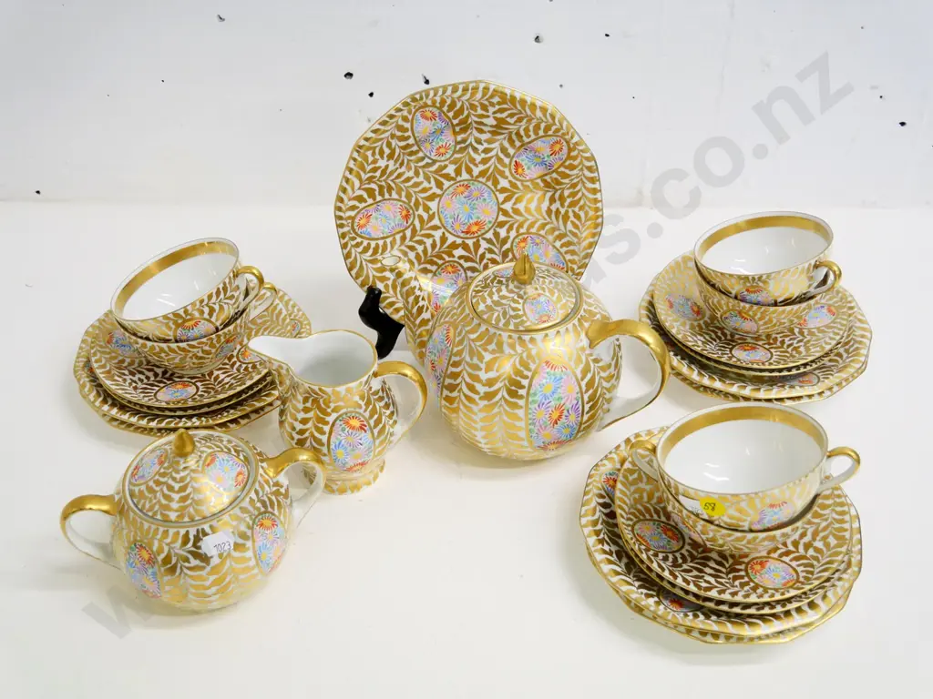 22-piece hand-painted gold on white china tea set - no maker's marks, Asian or European? Image 1++
