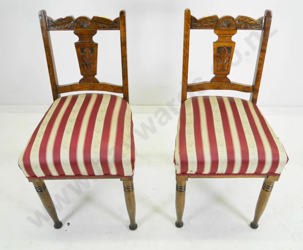 pair of beech Edwardian carved back dining chairs with striped damask upholstered seats, a bit wobbly, 1 has had repair Image 1++