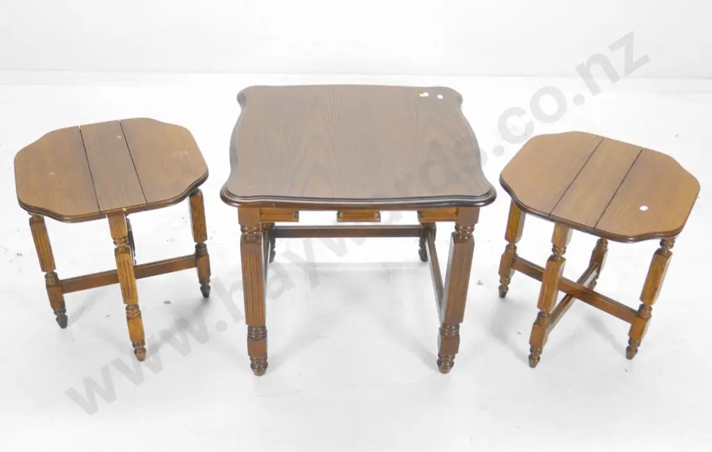 reproduction oak veneer nesting tables - lamp table and 2 small drop-side. Larger is H-540 W-560 D-560 Image 1++