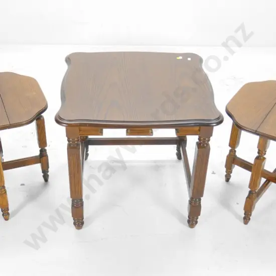 reproduction oak veneer nesting tables - lamp table and 2 small drop-side. Larger is H-540 W-560 D-560