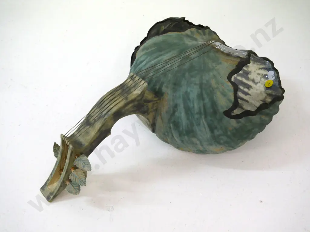 Bronwyn Mohring art pottery shell musical instrument sculpture with paua pieces - missing one tuning peg H150 L410 Image 1++