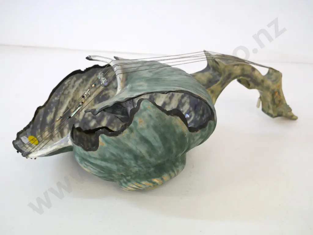 Bronwyn Mohring art pottery shell musical instrument sculpture with paua pieces - missing one tuning peg H150 L410 Image 1++