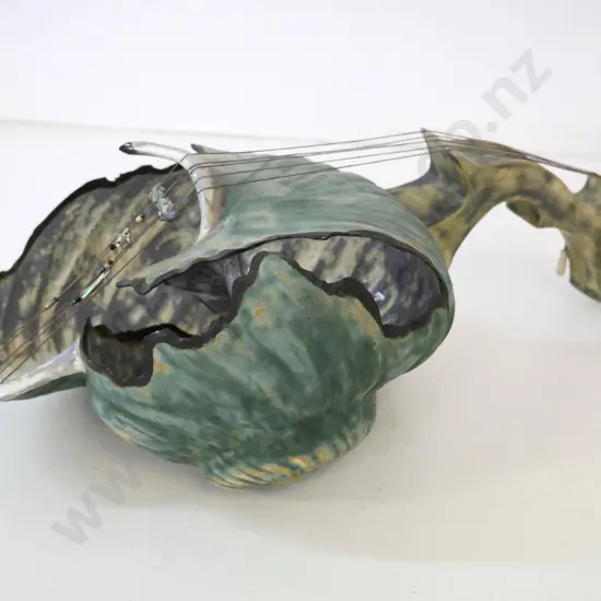 Bronwyn Mohring art pottery shell musical instrument sculpture with paua pieces - missing one tuning peg H150 L410