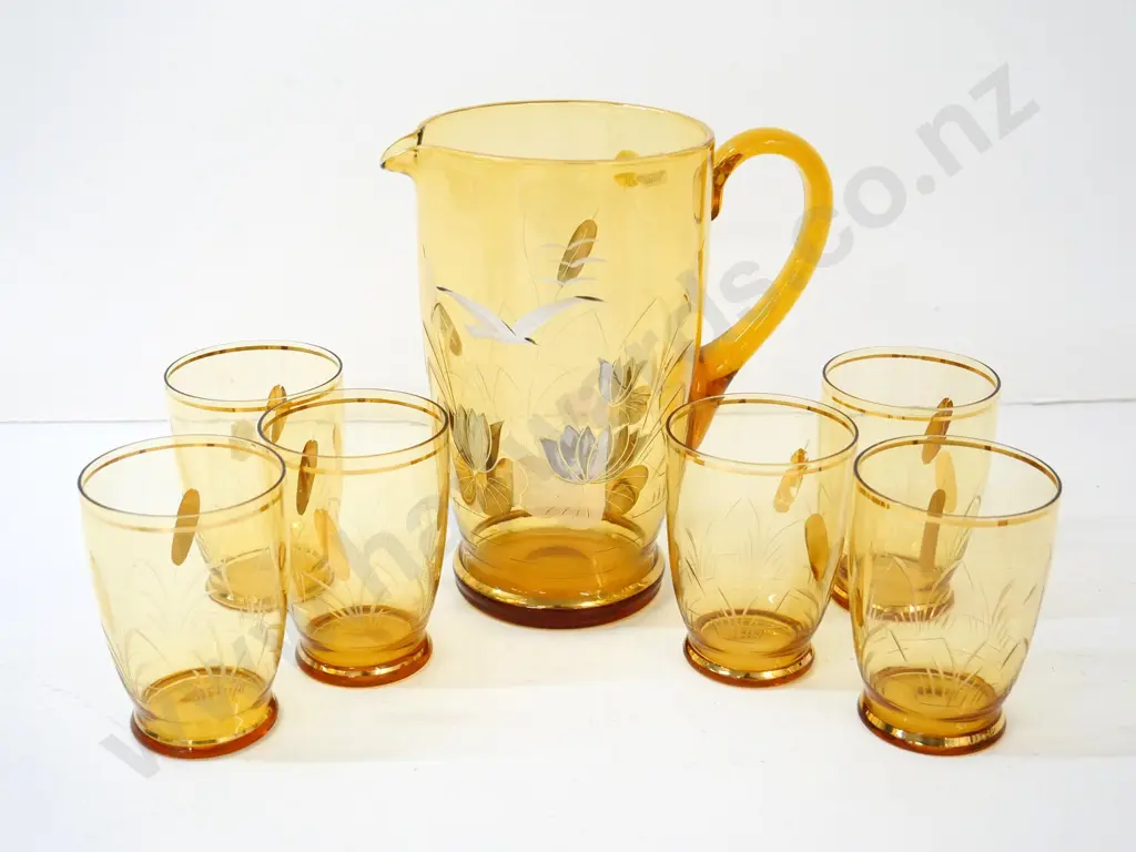 retro glass water set with gilt lotus pattern - 6 glasses, jug is H-200 Image 1++