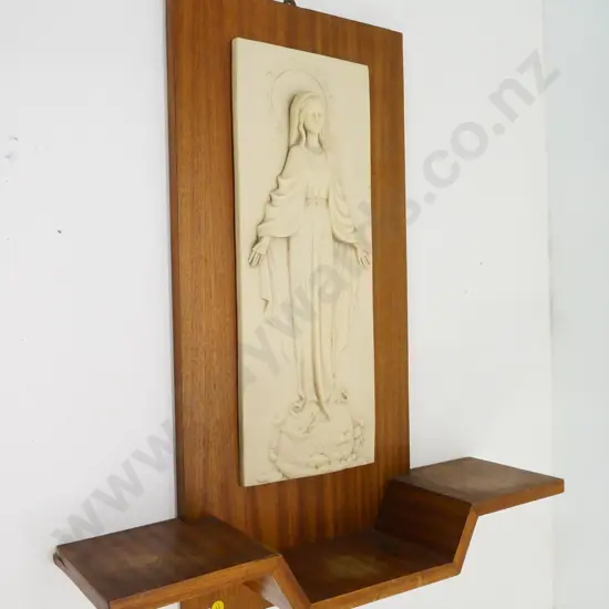wall-mount composite Madonna on timber backing - some staining and chips/damage to veneer H-650 W-550