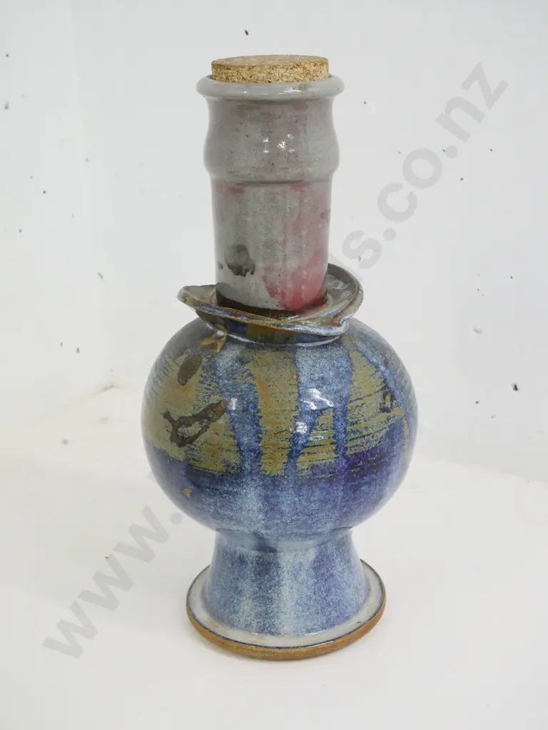 unusually shaped studio pottery vase or container with cork lid, base marked "AAC '88" H-390 Image 1++