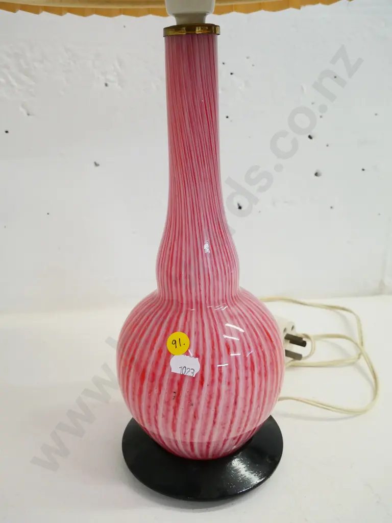 art glass table lamp with pleated shade - may be converted vase? Unstable base needs rewiring and longer feet H-480 Image 1++