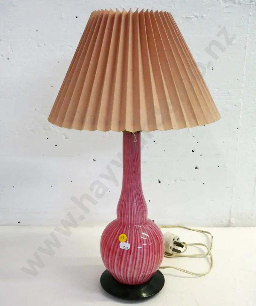 art glass table lamp with pleated shade - may be converted vase? Unstable base needs rewiring and longer feet H-480 Image 1++
