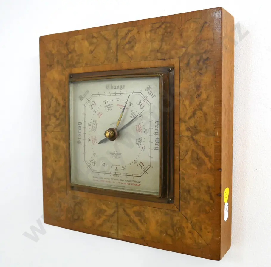 wood-cased Smiths wall barometer - oak backing with burr inlay on front H-220 W-220 Image 1++