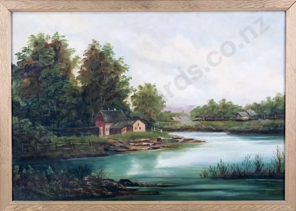 W J Burk - framed oil - river and house scene H-440 W-630 Image 1++