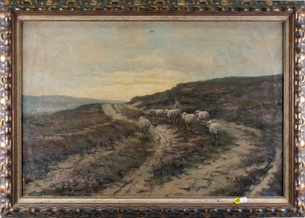 illegible signature - framed oil - farmer and sheep H-390 W-590 (age damage) Image 1++