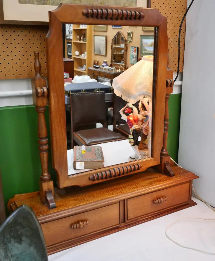 deco style mahogany cheval mirror with 2 drawers, turned supports H790 W740 D180 Image 1++
