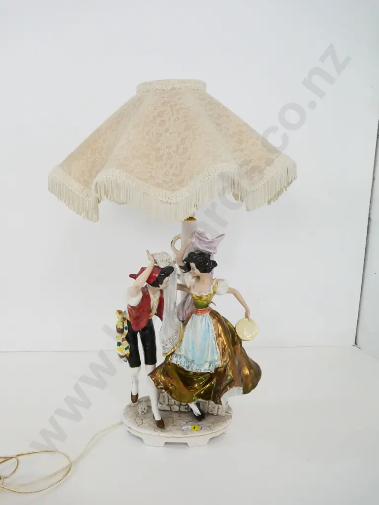 Italian porcelain dancing figures table lamp with fringed shade H-660 Image 1++