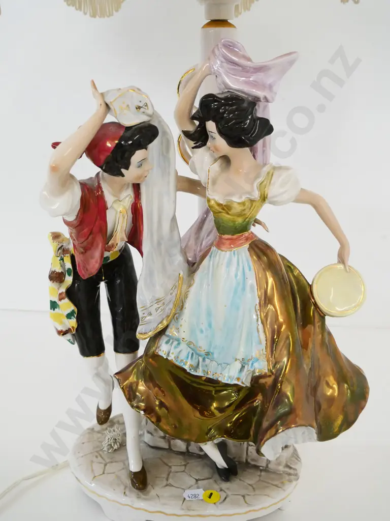 Italian porcelain dancing figures table lamp with fringed shade H-660 Image 1++