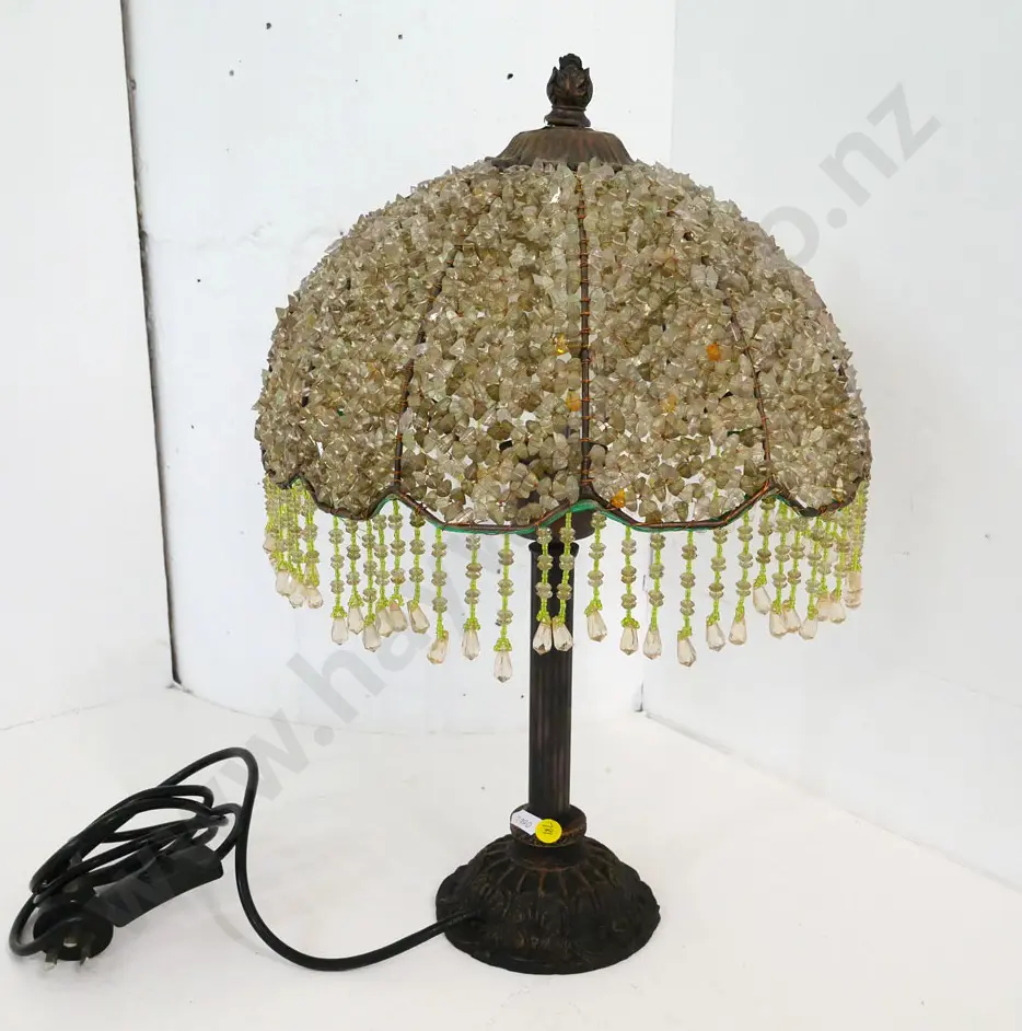 reproduction copper-finish cast metal table lamp with plastic beaded shade H-430 Diameter 300 Image 1++