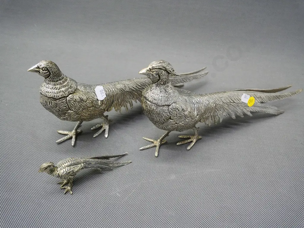 pair of ornamental silver-finish pheasants - male is H-140 L-280 - and a small one Image 1++