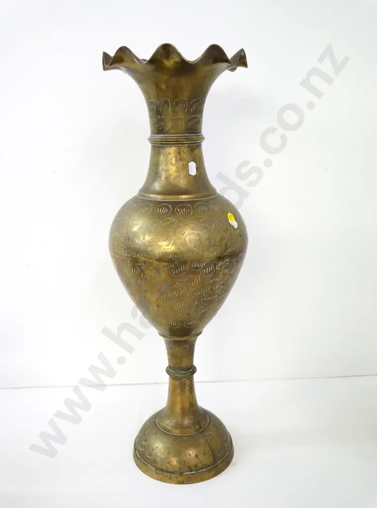 large brass vase with fluted rim and etched design H-610 Image 1++