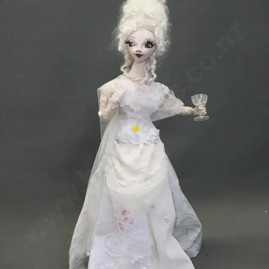 all-fabric doll in fancy dress with plastic champagne glass H-610