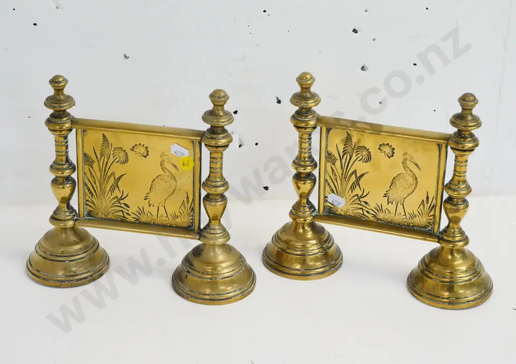 pair of heavy brass fire dogs with etched heron-theme panels - each H-200 W-220 Image 1++