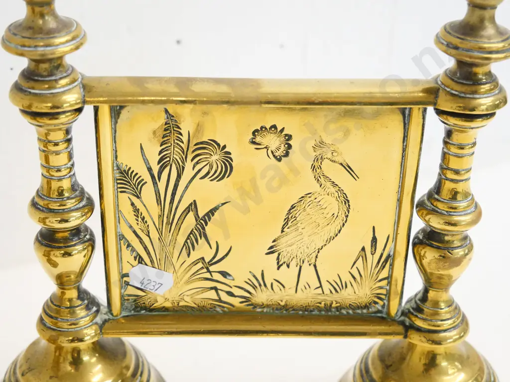 pair of heavy brass fire dogs with etched heron-theme panels - each H-200 W-220 Image 1++