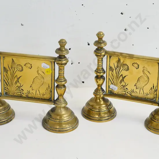 pair of heavy brass fire dogs with etched heron-theme panels - each H-200 W-220