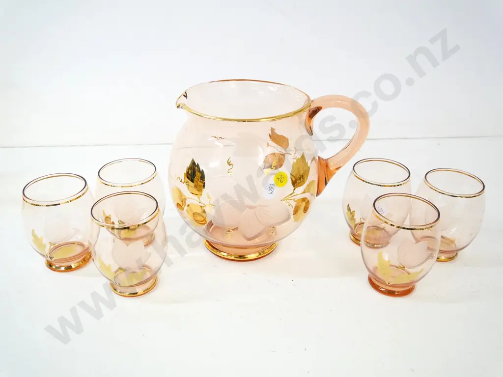 retro glass water set with floral gilt & etching - 6 glasses, jug is H-170 Image 1++