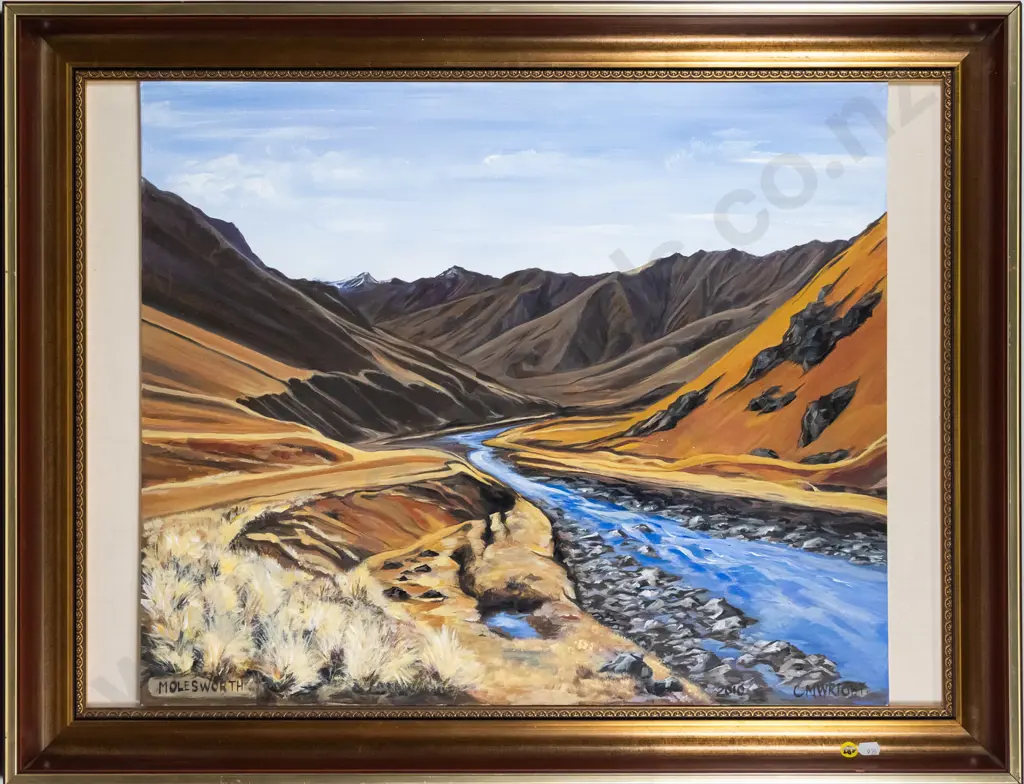 C M Wright - framed oil - river and mountain scene H-490 W-600 Image 1++