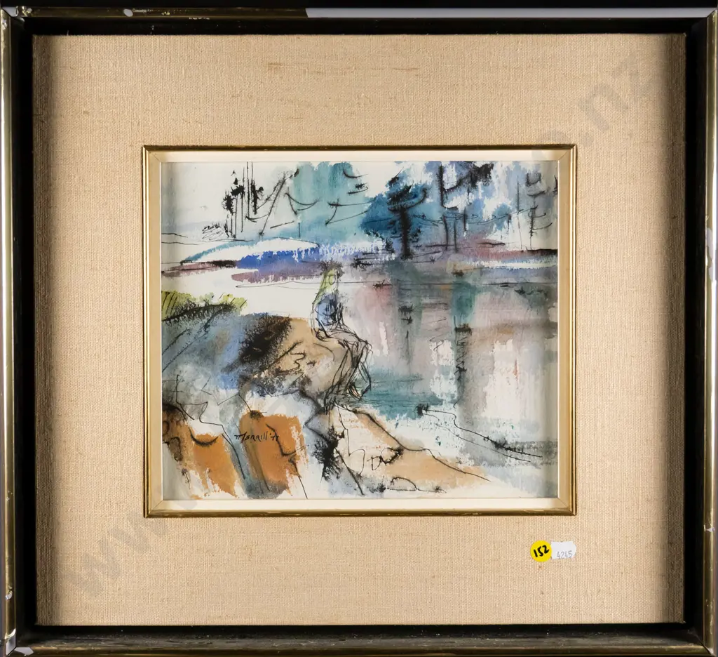 Merrill - framed watercolour - figure by river H-220 W-260 (damage to frame) Image 1++